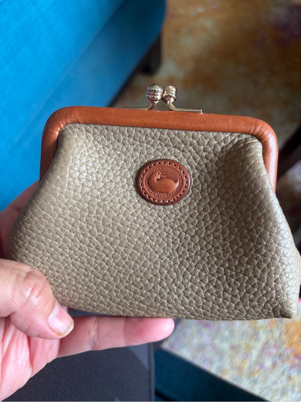 Dooney & Bourke Taupe Pebble Leather Coin Purse with Tan Trim